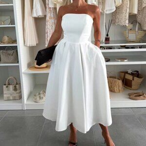 Ruched Tube Midi Dress | A-Line Sleeveless Formal Dress w/ Straight Across Neck